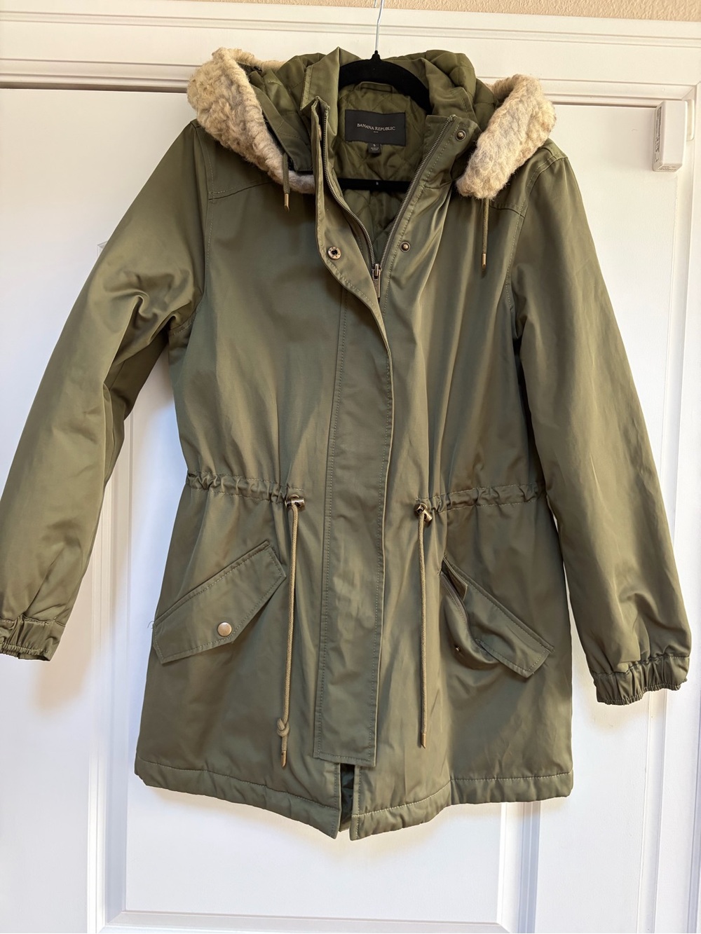 BANANA REPUBLIC Fur Trim Hooded Olive Coat Jacket Parka Sz S Adjustable Waist